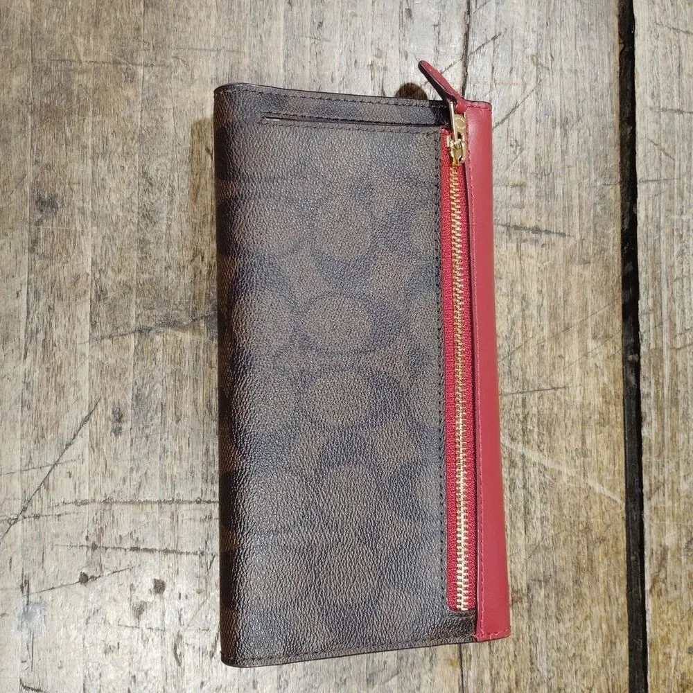 Coach Signature Slim Trifold Wallet Red Brown Black EXCELLENT CONDITION